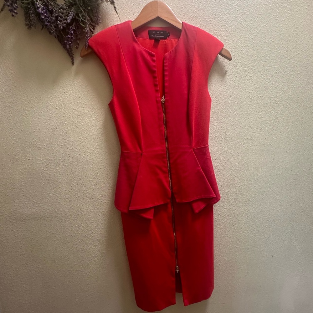 Ted Baker Size 0 Cherry Red Midi Zip Up Dress